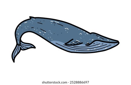 Isolated vector illustration dark blue whale on white background. Flat cartoon style for printing, design, sale, logo