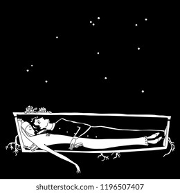 Isolated vector illustration. Dead woman and alive man lying together in a coffin under starry night sky. Romantic Victorian male and female archetypes. Hand drawn black and white original style art.
