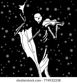 Isolated vector illustration. Death playing the violin under snow.