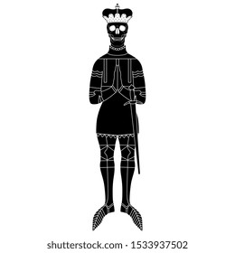 Isolated vector illustration. Death as praying medieval knight. Standing warrior with skull head in royal tiara. Black and white silhouette.