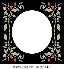 Isolated vector illustration. Decorative floral frame with branches of chili pepper plant and oval space.