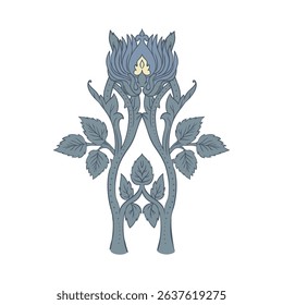 Isolated vector illustration of a decorative floral motif in the style of William Morris. Vintage-inspired design with elegant lines and muted colors. Perfect for prints, textiles, and patterns.