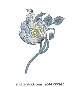 Isolated vector illustration of a decorative floral motif in the style of William Morris. Vintage-inspired design with elegant lines and muted colors. Perfect for prints, textiles, and patterns.