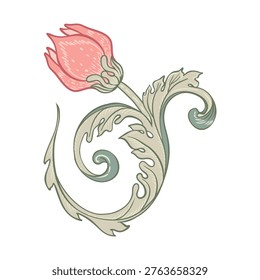 Isolated vector illustration of a decorative floral motif in the style of William Morris. Vintage-inspired design with elegant lines and muted colors for prints, textiles, patterns.
