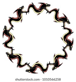 Isolated vector illustration. Decorative round frame or border made of fantastic sea monsters. Based on ancient Greek ethnic motif.