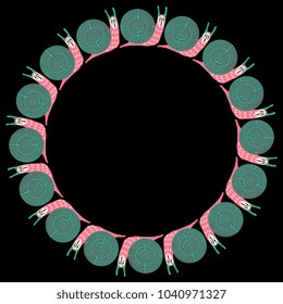 Isolated vector illustration. Decorative round frame made of fantastic funny female snails with maze shells. Flat cartoon style. On black background.