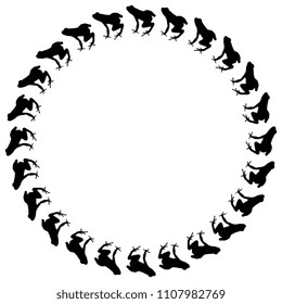 Isolated vector illustration. Decorative round frame with silhouettes of tropical frogs.