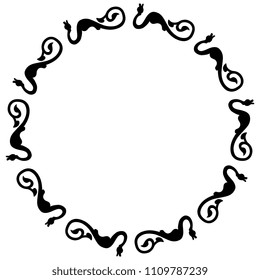 Isolated vector illustration. Decorative round frame with silhouettes of fantastic medieval dragons with floral tails. Based on ancient Gothic motif. Black silhouette on white background.