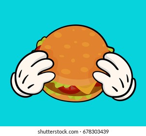 Isolated vector illustration of delicious burger  with meat, cheese, tomatoes and salat and holding hands. Image for print and web design. Cartoon style on white background