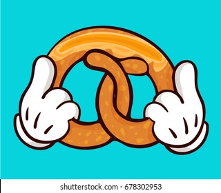 Isolated vector illustration of delicious pretzel with slice of butter and holding hands. Image for print and web design. Cartoon style with outline on white background