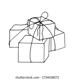 Ilustración vectorial aislada de la entrega de mercancías en cajas. Estilo Doodle. Elemento gráfico de contorno. Los regalos de Navidad.