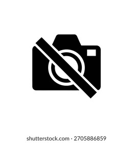 Isolierte Vektorgrafik, die ein schwarzes Kamerasymbol mit einer diagonalen Linie darstellt. Symbolt keine Fotografie. Einzeln auf weißem Hintergrund.