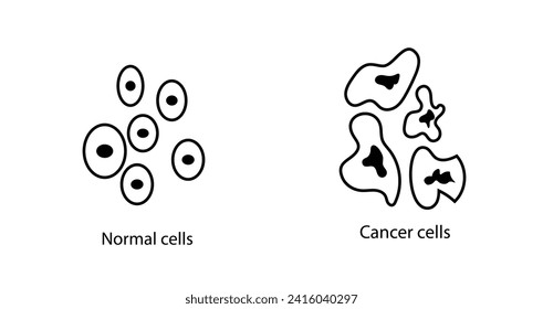 Ilustración vectorial aislada que representa estructuras celulares normales y cancerosas. Diagrama médico adecuado para afiches, educación y fines médicos. Se puede usar como icono o logo contra el cáncer.