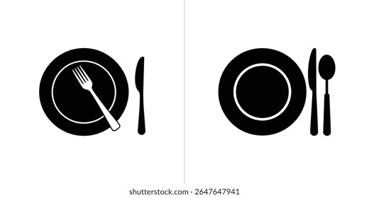 Isolated vector illustration depicting two formal table settings. One features a plate, fork, and knife. The other has a plate, knife, and spoon, all in black on white.