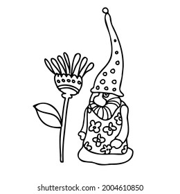 Isolated vector illustration design black and white line art gnome with a decorative flower. The design is perfect for decorations, coloring, illustrations, stickers, badges
