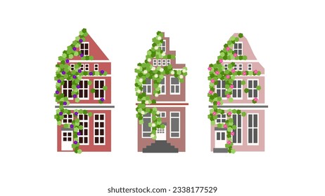 Isolated vector illustration design bundle set of three typical dutch traditional amsterdam canal houses with ivy vines growing on the front facade of the buildings. 