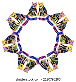 Diseño vectorial aislado de tigres decorativos bonitos en un marco circular de colores brillantes. El diseño es perfecto para decoraciones, marcos, papelería