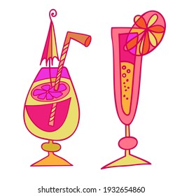 Isolated vector illustration design of silhouettes of cocktail glasses with lemon in bright pink. The design is perfect for stickers, badges, coloring illustrations, logo, cards, tattoos