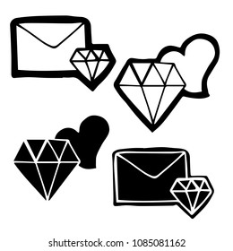 Isolated Vector Illustration of Diamond, Heart, Mail. Outline, Silhouette, Flat, Icon, Sign, Logo, Symbol, Object, Graphic Design, Background, Element, Illustration for Print.