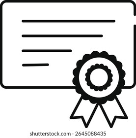 Ilustração vetorial isolada exibindo um certificado com cantos arredondados, linhas horizontais e um selo de fita, enfatizando realizações e reconhecimento formal em preto e branco.