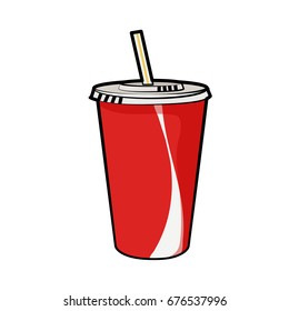 Isolated vector illustration of disposable red soda cup with straw for beverages for poster, menus, brochure, web and icon fastfood. Cartoon style with black outline on white background. 