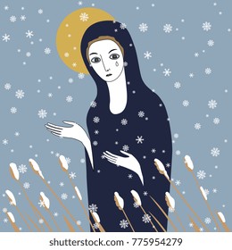 Isolated vector illustration. Divine woman standing in a field under snow. Spirit of nature. Based on hand drawn original style graphic art.