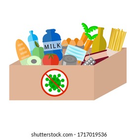 Isolated vector illustration. donation box with essentials, food, water, medicines. helping people in the covid-19 pandemic. coronavirus donations. 

