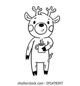 Isolated vector illustration - doodle deer holds a hot tea coffee mug - coloring
