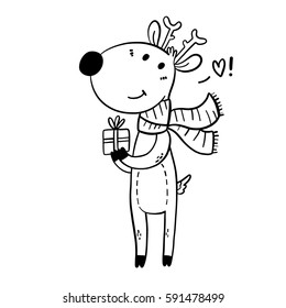 Isolated vector illustration - doodle deer holds a present - coloring