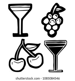 Isolated Vector Illustration of Drinks, Cherry, Grapes. Outline, Silhouette, Flat, Icon, Sign, Logo, Symbol, Object, Graphic Design, Background, Element, Illustration for Print.