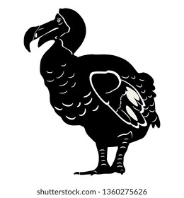 Isolated vector illustration. Dront or Dodo. (Raphus cucullatus). Extinct bird from Mauritius island. Black and white silhouette.