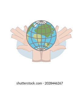 Ilustración vectorial aislada de la Tierra en manos humanas para el tema de la ecología y la protección ambiental. Imagen plana de caricatura de una sola mano para imprimir en camisetas, publicidad, poligrafía.