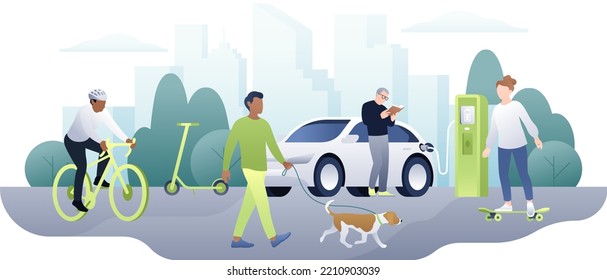 Isolated vector illustration of eco transport concept. Active and healthy lifestyle. People men and women different age using eco-friendly car, bicycle, skateboard.