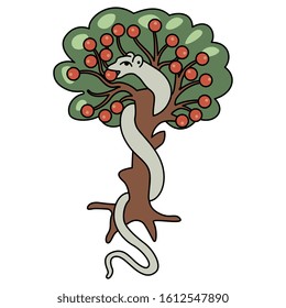 Isolated vector illustration. Eden tree of life with snake and apples. Biblical metaphor for sin and knowledge.
