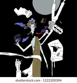 Isolated vector illustration. Eerie nightmare scene with fantastic characters and symbols. Hand drawn original style art.