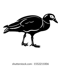 Isolated vector illustration. Egyptian goose. (Alopochen aegyptiaca). Stylized African duck bird. Black and white flat silhouette.