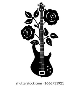 Isolated vector illustration. Electric bass guitar with rose branch. Black and white silhouette. Romantic rock music emblem.