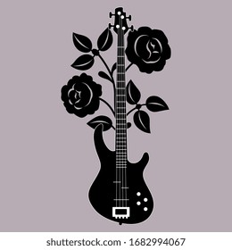 Isolated vector illustration. Electric bass guitar with rose branch. Monochrome silhouette. Romantic rock music emblem.