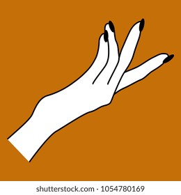 Isolated vector illustration of and elegant female hand with black nails. Black and white silhouette on orange background. Goth Halloween style.