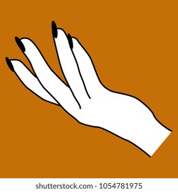 Isolated vector illustration of and elegant female hand with black nails. Black and white silhouette on orange background. Goth Halloween style.