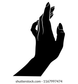 Isolated vector illustration. Elegant female hand. Hand drawn linear sketch. Cartoon style. Black and white silhouette. 