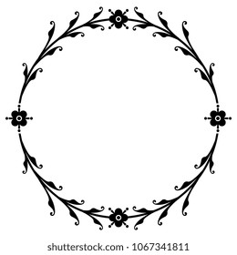 Isolated vector illustration. Elegant floral vignette, frame, border, decor. Black silhouette on white background. Romantic vintage retro style. 