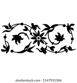 Isolated vector illustration. Elegant floral decor in vintage style. Based on Indian medieval motif. Black silhouette on white background.