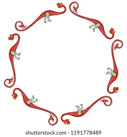 Isolated vector illustration. Elegant round decor or frame with silhouettes of medieval dragons. Based on Gothic illuminated manuscript motif.