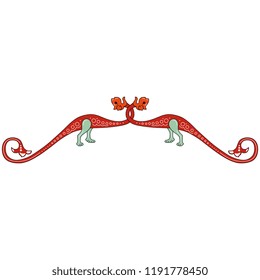 Isolated vector illustration. Elegant symmetrical decor or vignette with two fantastic medieval dragons. Based on Gothic illuminated manuscript motif.