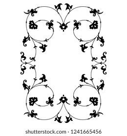 Isolated vector illustration. Elegant vintage decor or frame with spiral floral motifs. Black silhouette on white background.
