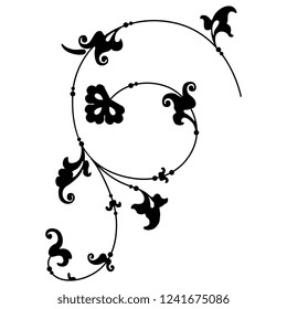 Isolated vector illustration. Elegant vintage decor with spiral floral motifs. Black silhouette on white background.