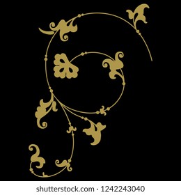 Isolated vector illustration. Elegant vintage decor with spiral floral motifs. Gold silhouette on black background.