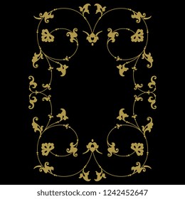 Isolated vector illustration. Elegant vintage decor or frame with delicate floral motifs. Gold silhouette on black background.