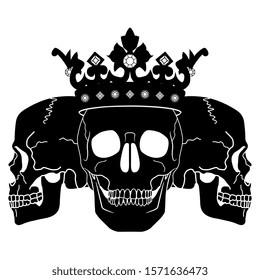 Isolated vector illustration. Emblem with three human skulls and royal crown. Black and white silhouette.